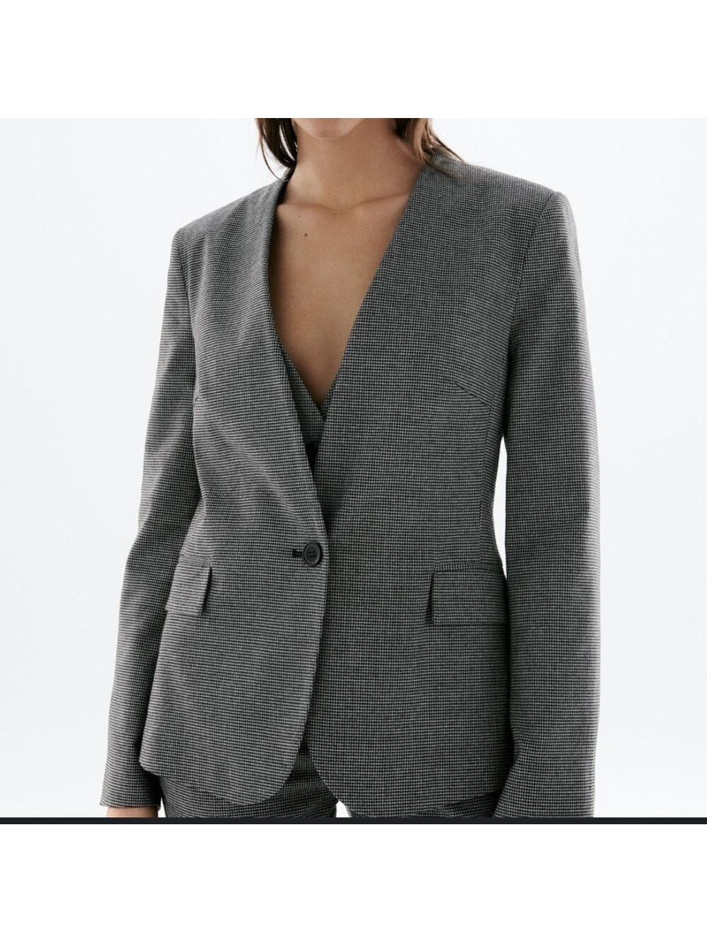ZARA Women's Houndstooth Single Button Blazer Size 14 black white lined